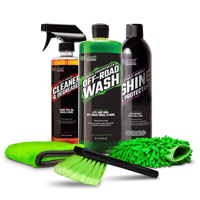 Slick Products 32 ounce Off-Road Foaming Cleaning Solution with shine and protectant spray coating, cleaner and degreaser cleaning solution, microfiber towel, scrub brush, and washing mitt.