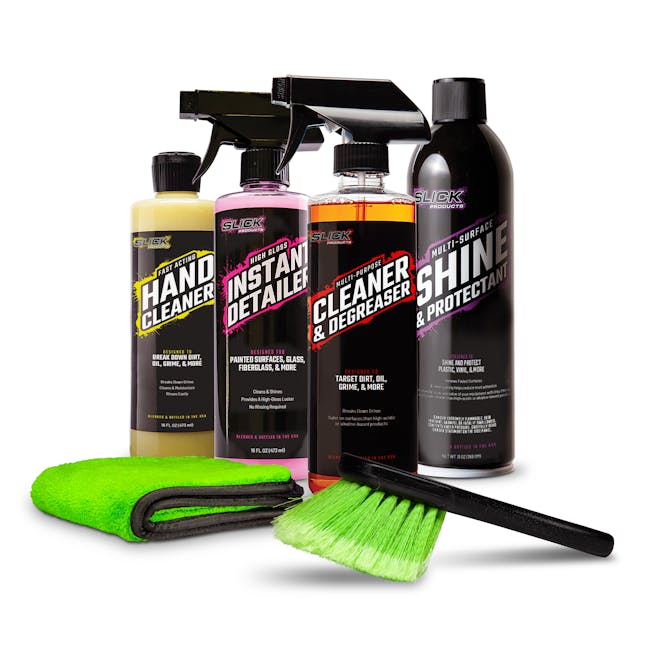 Slick Products Cleaner and Degreaser cleaning solution, shine and protectant sray, instant detailer, hand cleaner, microfiber towel, and scrub brush.