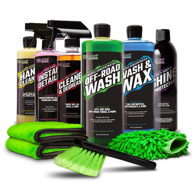 Slick Products Off-Road Foaming Cleaning Solution, wash and wax foam shampoo, shine and protectant spray, cleaner and degreaser, instant detailer, and hand cleaner.