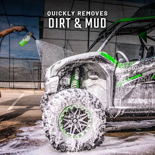 Slick Products Off-Road Extra Thick Foaming Cleaning Solution quickly removes dirt and mud.