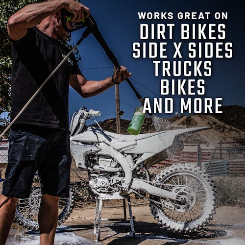 Slick Products Off-Road Extra Thick Foaming Cleaning Solution works great on dirt bike, trucks, bicycles, and more.