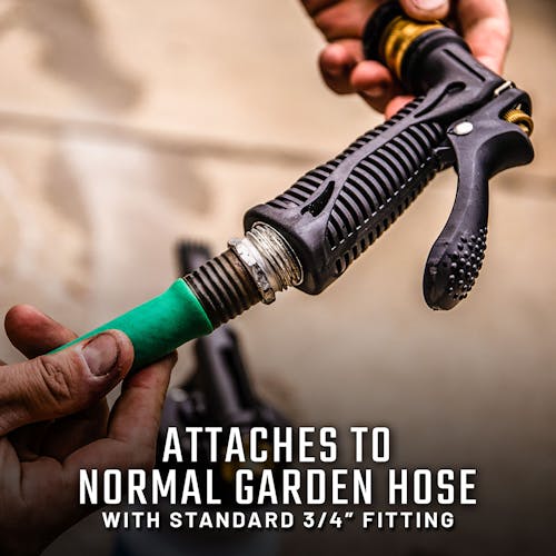 Attaches to normal garden hose with standard 0.75-inch fitting.