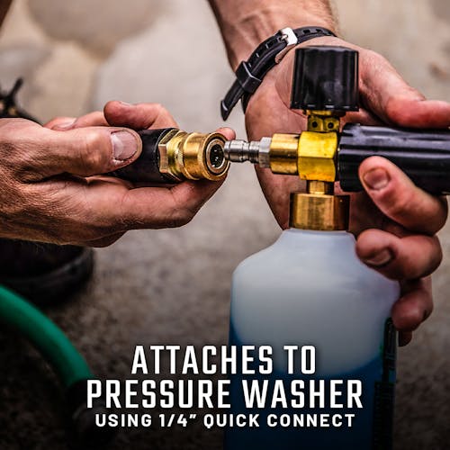 Attaches to pressure washer using a 0.25-inch quick connect.