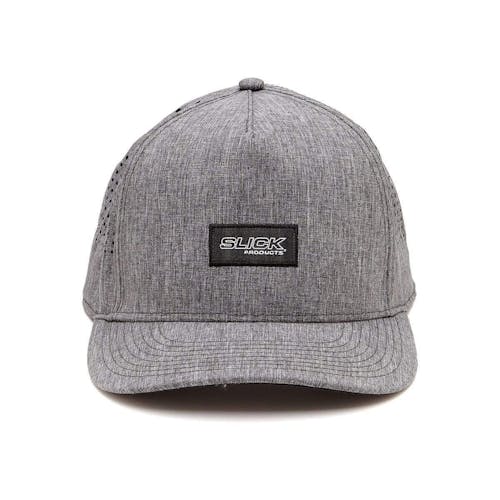 Front view of the Slick Products one-size-fits-all charcoal micro tech snapback hat.