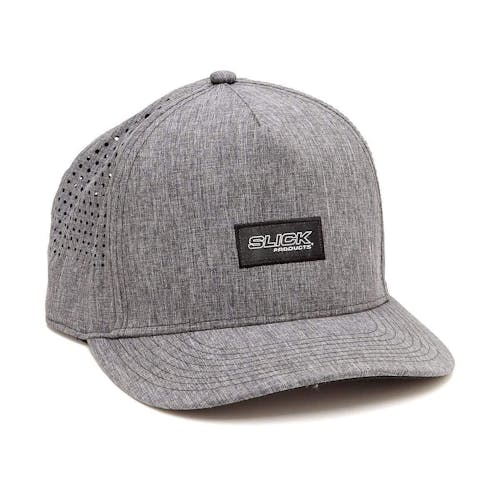 Left-angled view of the Slick Products one-size-fits-all charcoal micro tech snapback hat.