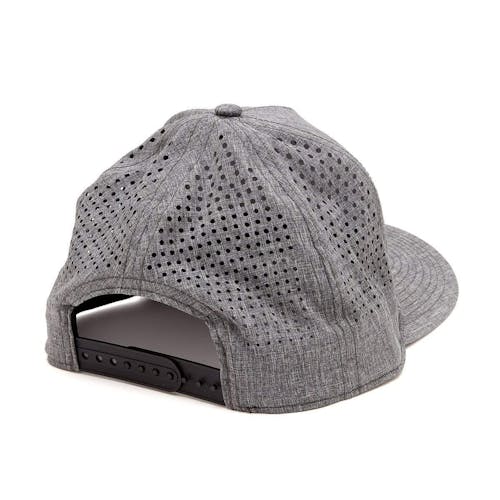 Rear-angled view of the Slick Products one-size-fits-all charcoal micro tech snapback hat.