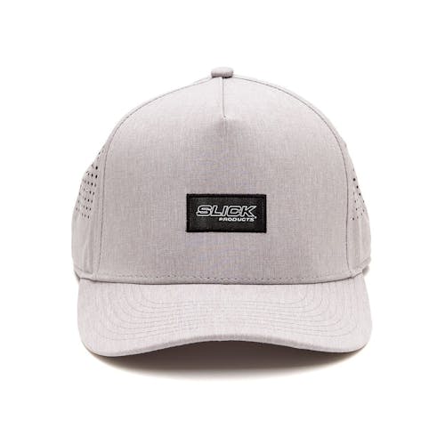 Front view of the Slick Products one-size-fits-all gray micro tech snapback hat.
