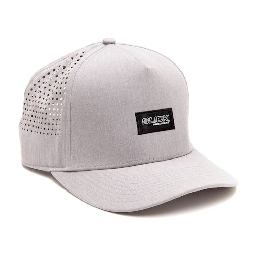 Left-angled view of the Slick Products one-size-fits-all gray micro tech snapback hat.