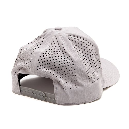 Rear-angled view of the Slick Products one-size-fits-all gray micro tech snapback hat.