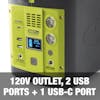 120-volt outlet, 2 USB ports and 1 USB-C port.