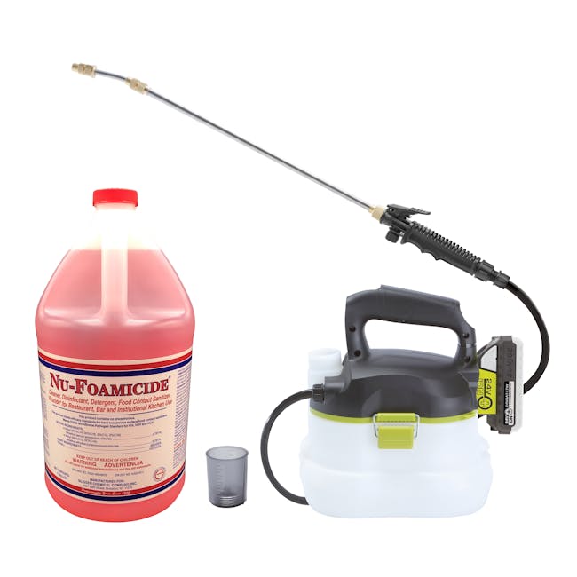 Sun Joe 24-volt cordless Multi-Purpose Chemical Sprayer Kit, 1-gallon all-purpose cleaner, and a measuring cup.