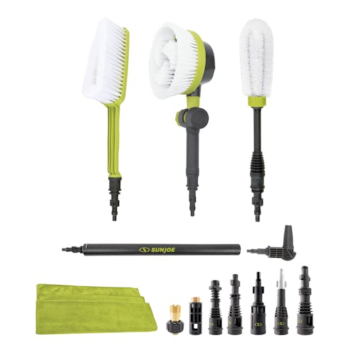 Sun Joe Auto Cleaning System for Most Pressure Washers: 180-Degree Rotating Brush, Utility Brush, Wheel/Rim Brush, Undercarriage Turbo Nozzle, Microfiber Cleaning Cloths and Universal Adapters.