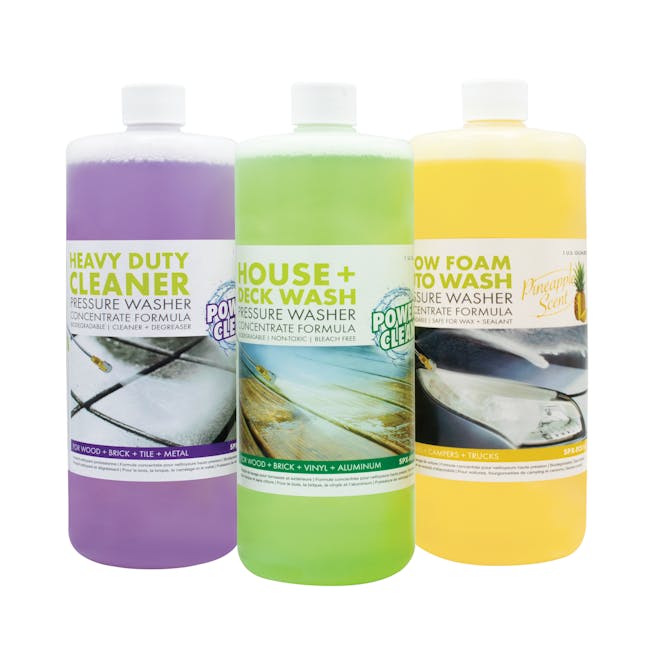 Sun Joe 1-quart 3-Pack Pressure Washer Concentrate with House and Deck, Heavy-Duty, and Snow Foam pressure washer detergent.