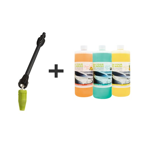 Sun Joe Multi-Angle Rotary Spray Wand for SPX Series Pressure Washers with a 3-pack of 1-quart auto snow foam washer detergent.