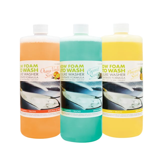 Sun Joe 1-quart 3-pack of Auto Snow Foam Pressure washer detergent, with a pineapple scent, a coconut scent, and an orange-vanilla scent.