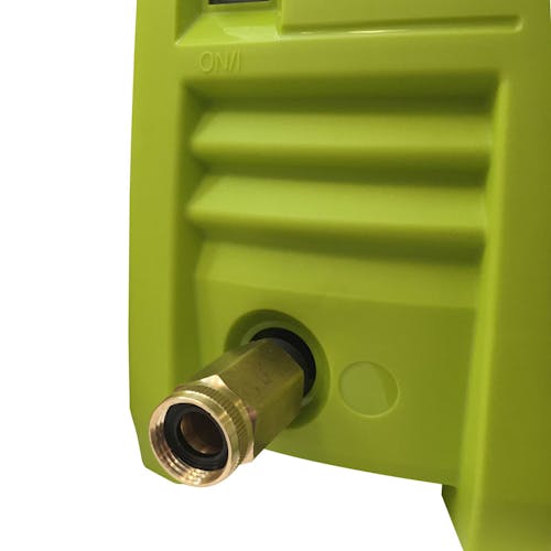 Sun Joe 3/4-inch Dual Swivel Brass Connector connected to a pressure washer.