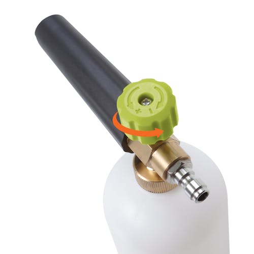 Close-up of the adjustment knob on the Sun Joe 34-ounce Foam Cannon for SPX Series Electric Pressure Washers..