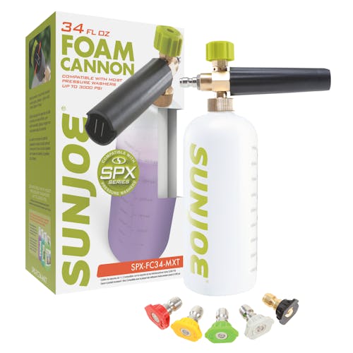 Sun Joe 34-ounce Foam Cannon for SPX Series Electric Pressure Washers with 5 quick connect tips and packaging.