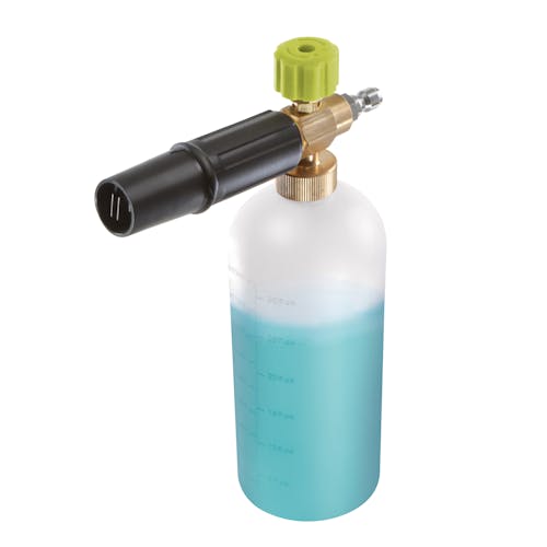 Sun Joe 34-ounce Foam Cannon for SPX Series Electric Pressure Washers filled with blue cleaning detergent.