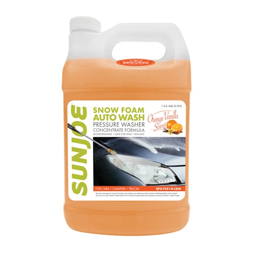 Front view of the Sun Joe 1-gallon Orange Vanilla Scented Premium Snow Foam Pressure Washer Rated Car Wash Soap and Cleaner.