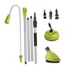 Sun Joe Home Cleaning System: gutter cleaning attachment, extension wand, turbo nozzle, patio cleaning attachment, transfer adapter, and splash guard brush.