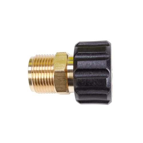 Side view of the Sun Joe 14mm M22 Male to 15mm M22 Female High Pressure Hose Adapter for pressure washers.