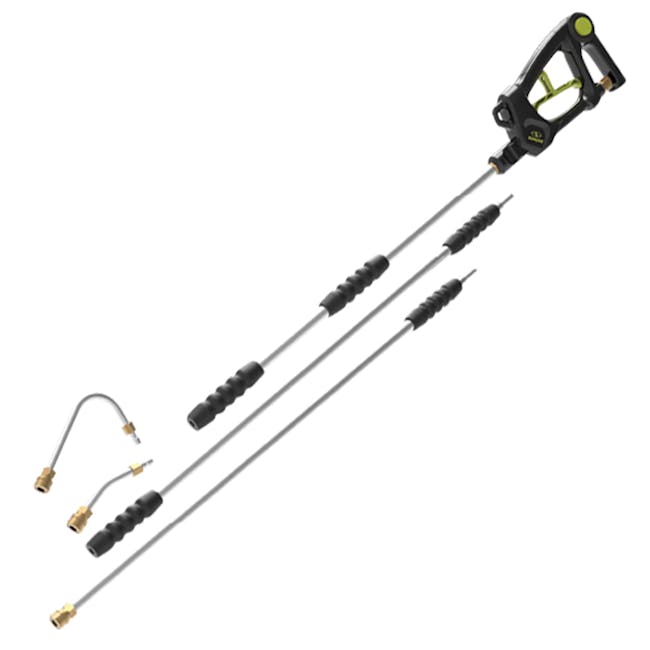 Sun Joe 9-Foot Universal Pressure Washer Sky Lance with a gutter adapter, and angled adapter.