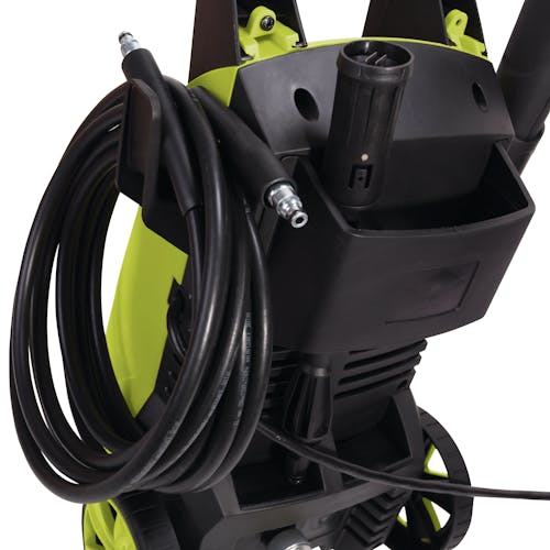 Close-up of the hose holder on the Sun Joe 11-amp Electric Pressure Washer with 1450 PSI.