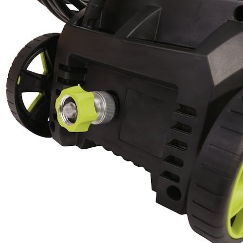 Close-up of the hose connecter on the back of the Sun Joe 11-amp Electric Pressure Washer with 1450 PSI.