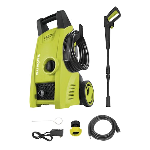 Sun Joe 11-amp Electric Pressure Washer with 1450 PSI with a spray wand, needle clean out tool, high-pressure hose, and garden hose adapter.