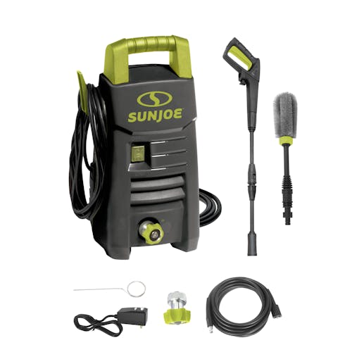 Sun Joe 11-amp 1550 PSI Electric Pressure Washer with rim brush, spray wand, hose, hose connecter, and needle clean out tool.