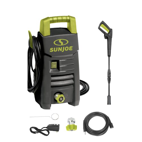 Sun Joe 11-amp 1600 PSI Electric Pressure Washer with spray wand, hose, hose connecter, and needle clean out tool.