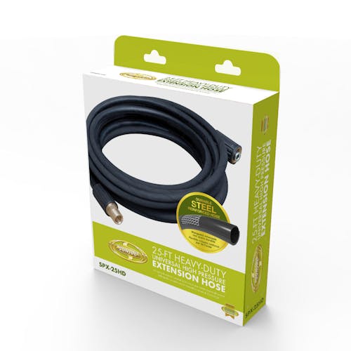 Packaging for the Sun Joe 25-foot Universal Heavy-Duty Extension Pressure Washer Hose.