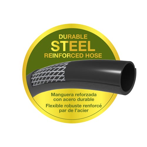 Durable steel reinforced hose.
