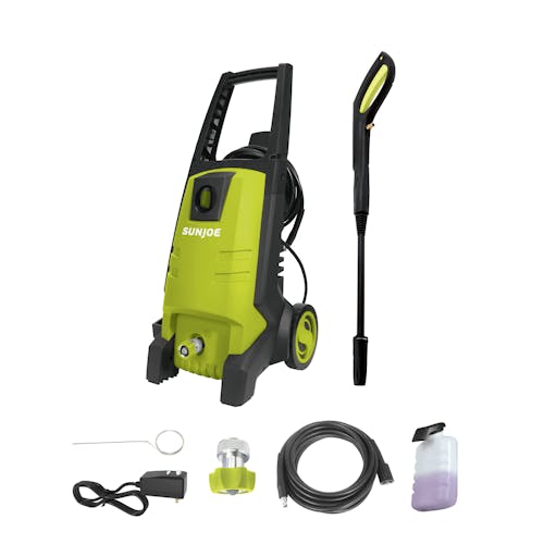 Sun Joe 13-amp 1885 PSI Electric Pressure Washer with spray wand, hose, hose connecter, detergent tank, and needle clean out tool.