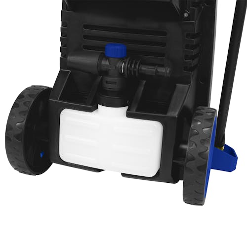 Close-up of the foam cannon attached to the back of the Sun Joe 13-amp 2100 PSI Electric Pressure Washer in blue.