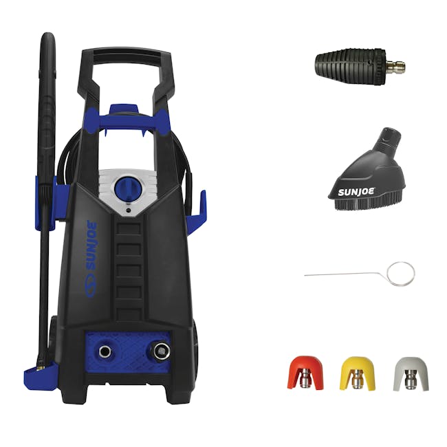Sun Joe 13-amp 2100 PSI Electric Pressure Washer in blue with nozzle attachments and needle clean out tool.