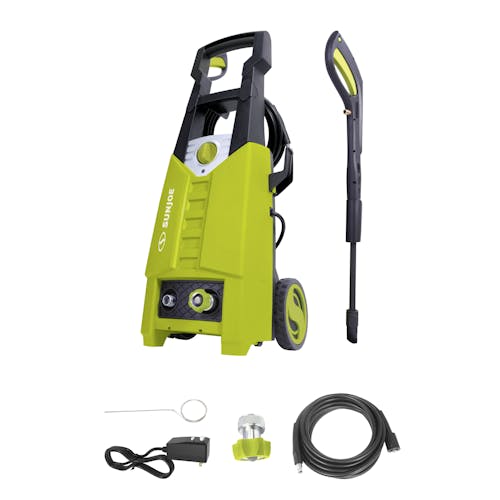 Sun Joe 14.5-amp 1900 PSI Electric Pressure Washer with spray wand, hose, hose connecter, and needle clean out tool.