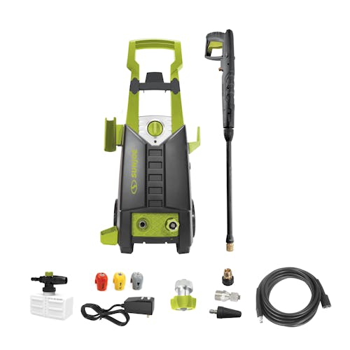 Sun Joe 13-amp 2050 PSI Electric Pressure Washer with spray wand, hose, hose connecter, nozzle attachments, and foam cannon.