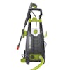 Front view of the Sun Joe 13-amp 1950 PSI Electric Pressure Washer with a hose attached to the front.