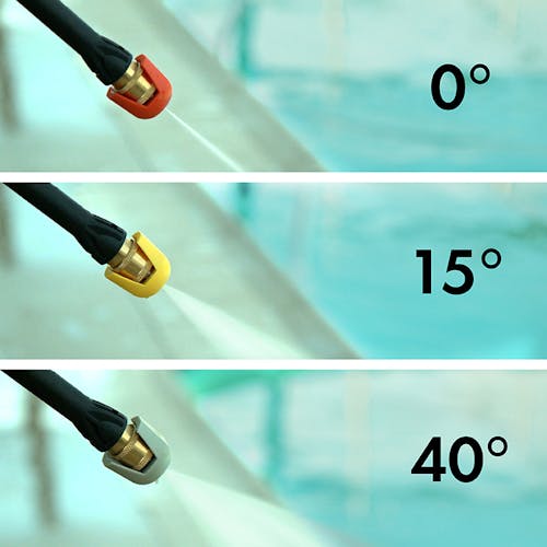 The red attachment is a 0-degree spray, the yellow is a 15-degree spray, and the green is a 40-degree spray.