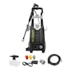 Sun Joe 13-amp 1950 PSI Electric Pressure Washer with foam cannon, hose connecter, hose, and nozzle attachments.