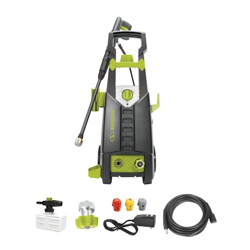 Sun Joe 13-amp 1950 PSI Electric Pressure Washer with foam cannon, hose connecter, hose, and nozzle attachments.