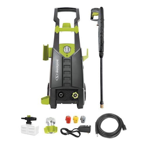 Sun Joe 13-amp 2050 PSI Electric Pressure Washer with spray wand, hose, hose connecter, quick connect nozzles, and foam cannon.