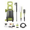Sun Joe 13-amp 2100 PSI Electric Pressure Washer with spray wand, utility brush, rim brush, hose, hose connecter, quick connect nozzles, and foam cannon.