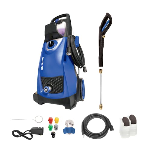 Sun Joe 14.5-amp 2030 PSI Electric Pressure Washer in blue with spray wand, high-pressure hose, garden hose connecter, 2 detergent tanks, 5 quick connect tips, and needle clean out tool.