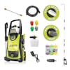 Sun Joe 13-amp 2200 PSI Extreme Clean Electric Pressure Washer with spray wand, hose, foam cannon, detergents, turbo nozzle, quick connect tips, utility brush, and rim brush.
