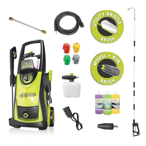 Sun Joe 13-amp 2200 PSI Extreme Clean Electric Pressure Washer with spray wand, hose, foam cannon, detergents, turbo nozzle, quick connect tips, utility brush, and rim brush.