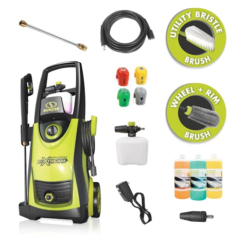 Sun Joe 13-amp 2200 PSI Extreme Clean Electric Pressure Washer with spray wand, foam cannon, quick connect tips, detergents, hose, turbo nozzle, utility brush, and rim brush.