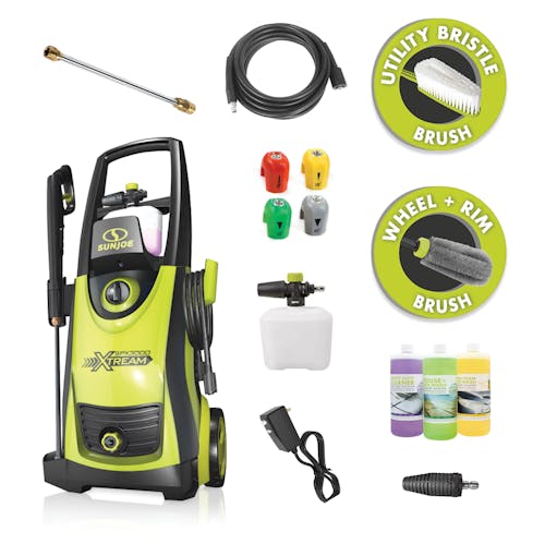 Sun Joe 13-amp 2200 PSI Extreme Clean Electric Pressure Washer with spray wand, foam cannon, quick connect tips, detergents, turbo nozzle, hose, utility brush, and rim brush.